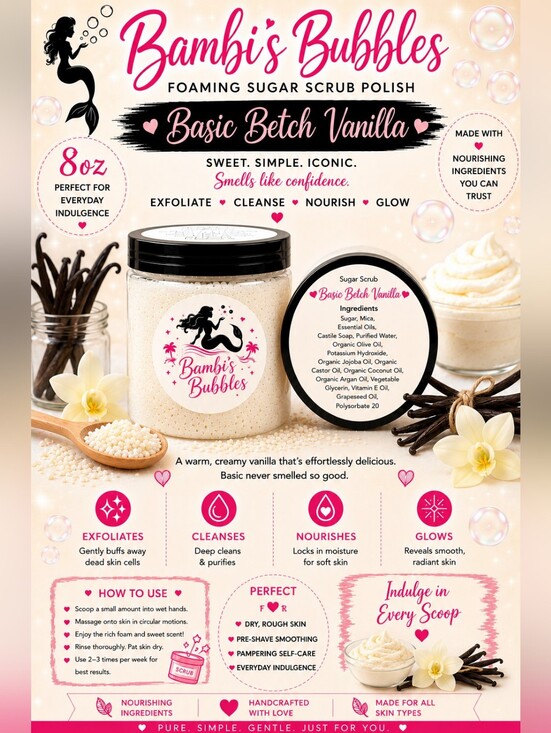Hand Crafted Other - 8oz New! Basic Betch Vanilla Foaming Sugar Scrub Polish